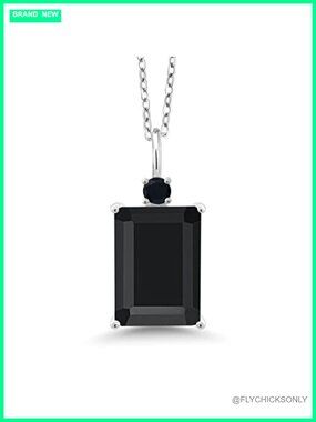 925 Sterling Silver Black Onyx Pendant Necklace Emerald Cut for Women 18 Inch